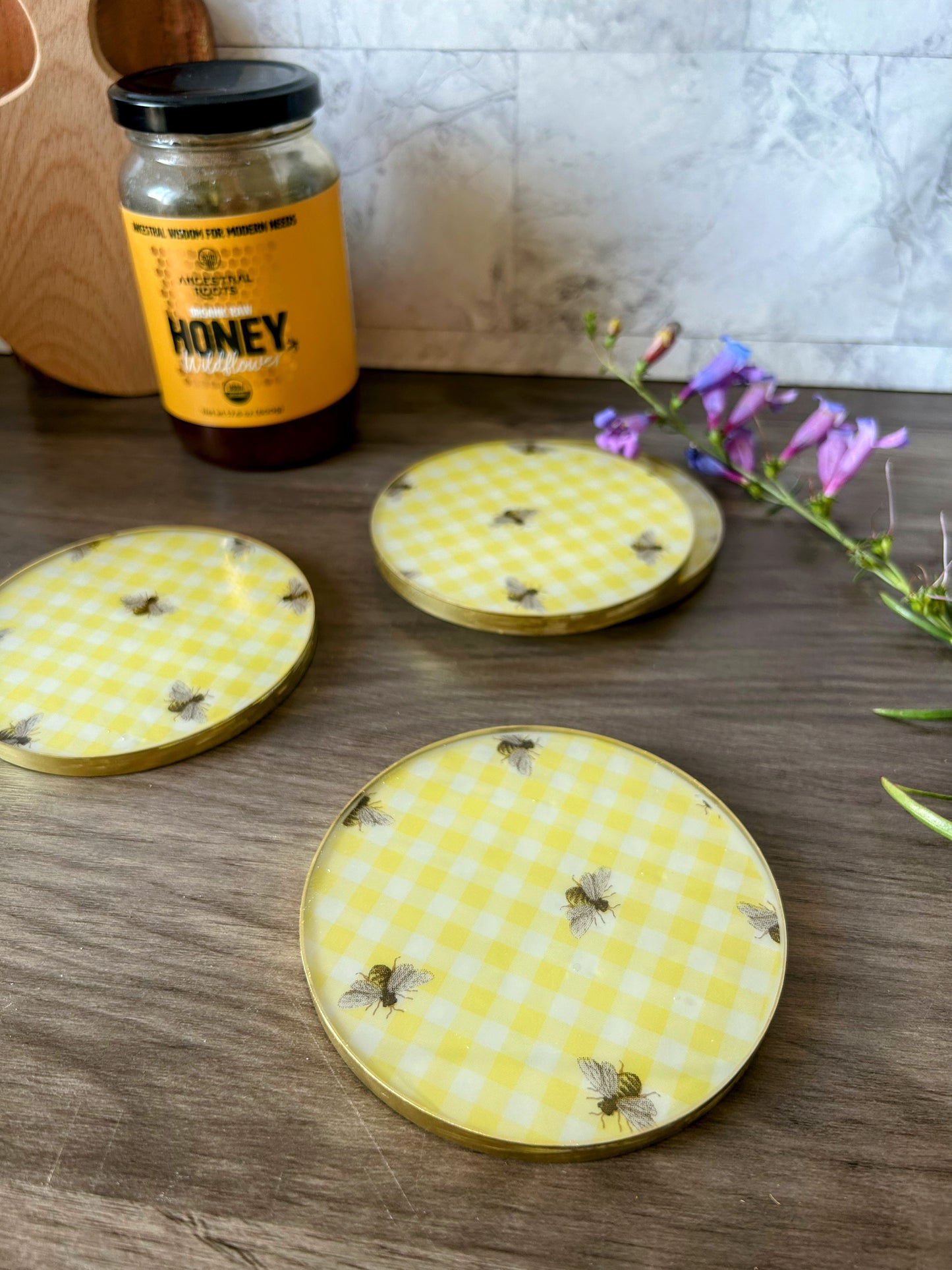 Bee Checkered Coaster Set